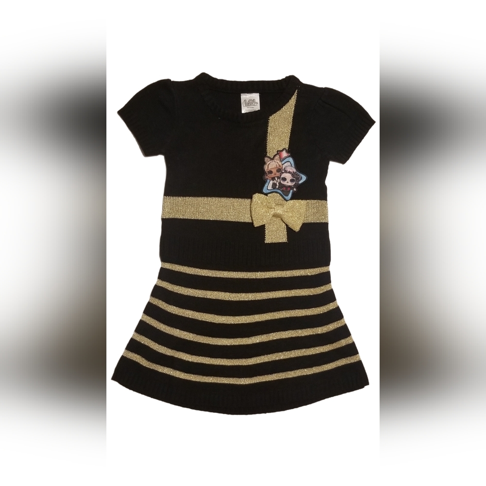 LOL Surprise Knit Sweater Dress Black & Gold Metallic Sparkly Dress Bow Size XS
